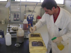 Interno di un laboratorio con ricercatore intento ad effettuare delle analisi sulle proprietà chimico-fisiche del porfido
